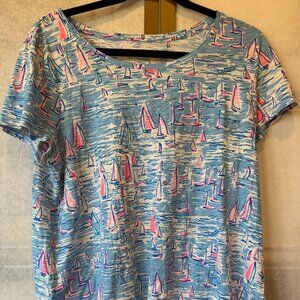 Lilly Pulitzer Blue & Pink Sailboat Print Short Sleeve Tunic Top | Size L